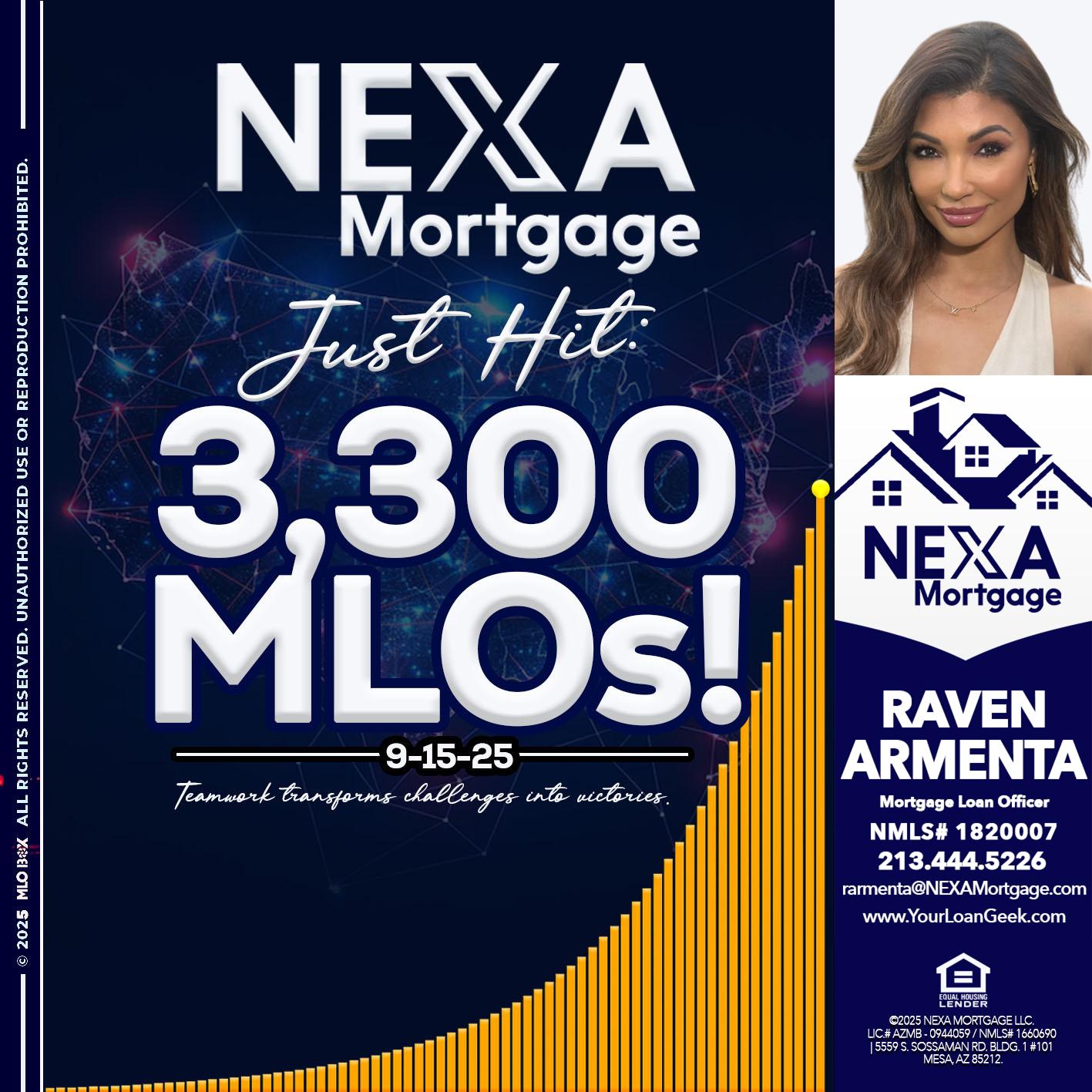 NEXA JUST HIT 3300 MLOS - Raven Armenta -Mortgage Loan Officer